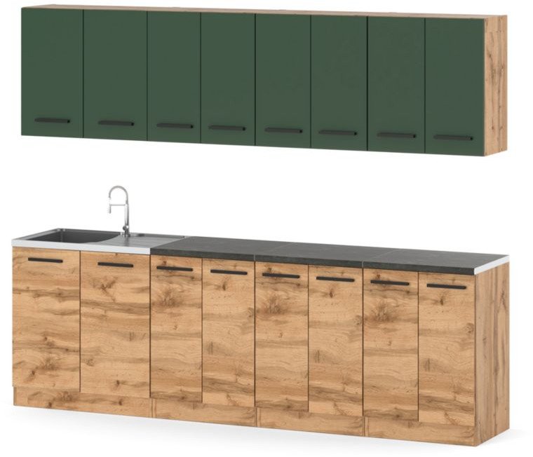 Kuchnia Z Blatem Duża Vero Drewniana 2.6m Wotan Butelkowa Zieleń Dąb Wotan