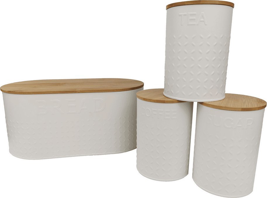 Chlebak kontrast Zestaw Chlebak + 3 pojemniki na kawa cukier herbata deska do krojenia stal+bambus białe