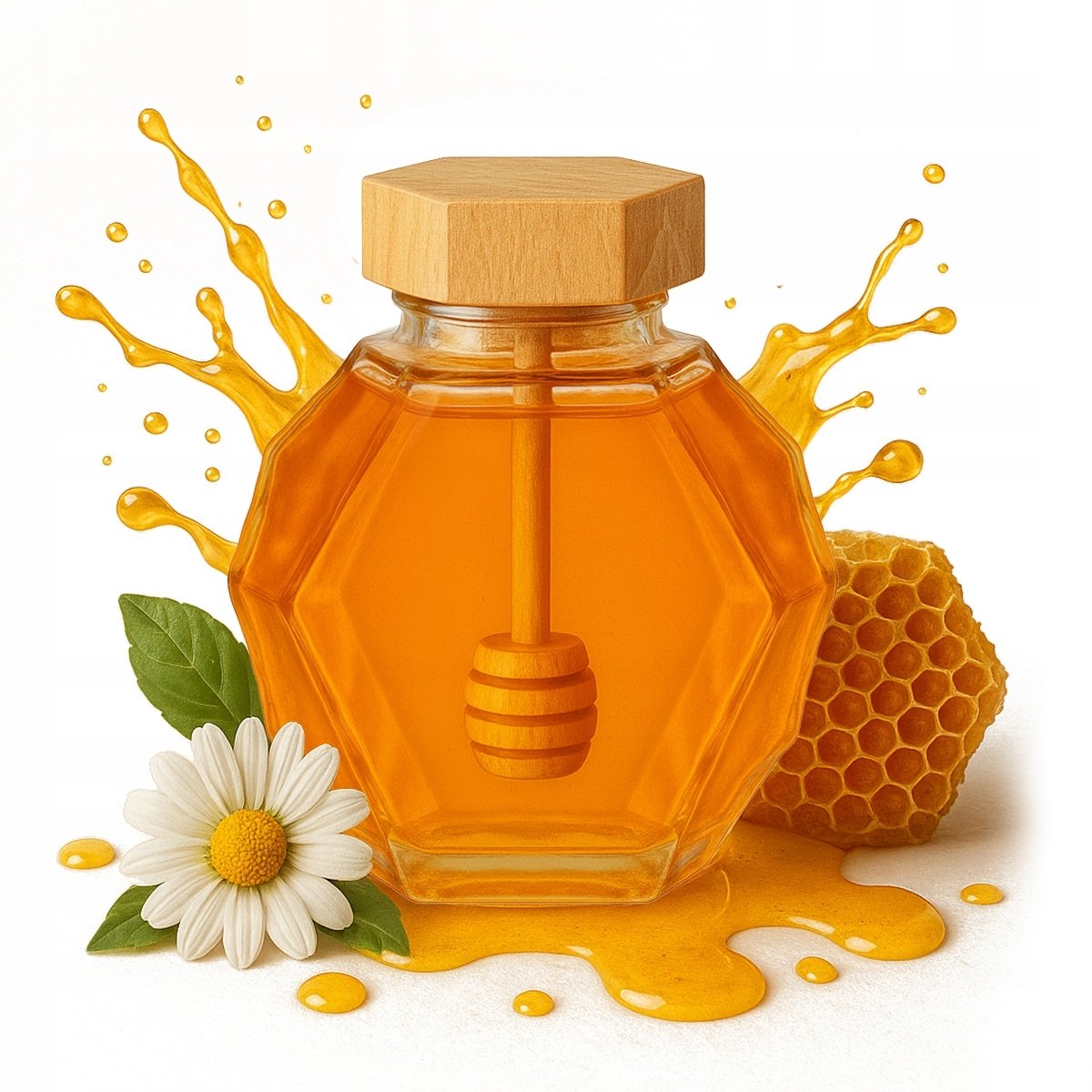 Słoik Szklany na Miód MAJA 200 ml Heksagon drewniany korek nabierak prezent