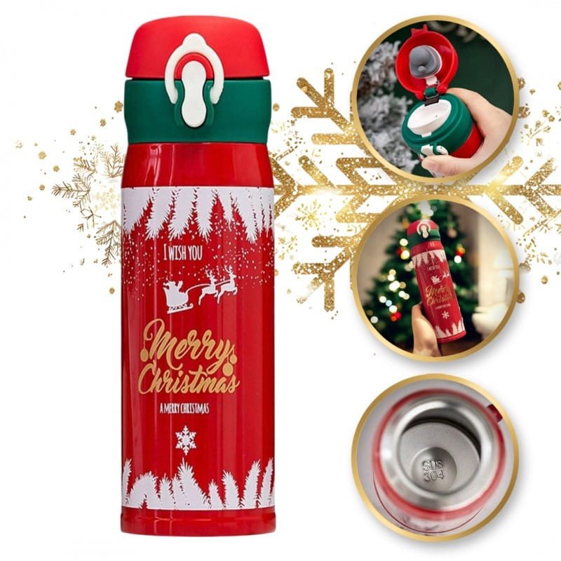 KUBEK TERMICZNY, BIDON 500ML TERMOS ŚWIĄTECZNY ZIMOWY czerwony BD39CZE