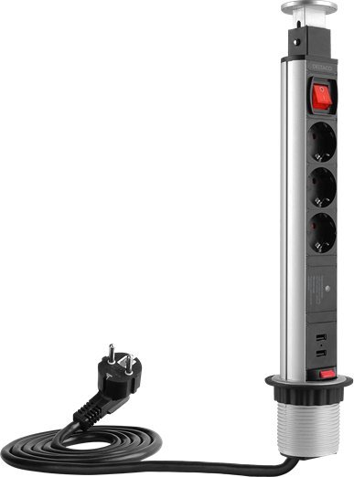 Deltaco Iššokanti maitinimo juosta DELTACO OFFICE su apsauga nuo viršįtampių, 3x EU kištukai, 2x USB, juoda/sidabrinė / DELO-0402
