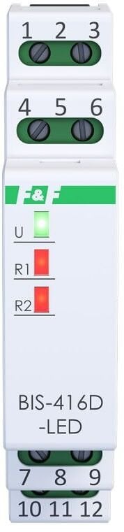 FF Przekaźnik bistabilny 2 kanałowy on/off, Un=230V,I=2x10A InRush(120A/20ms), styki 2xNO, 1S, DIN BIS-416D-LED
