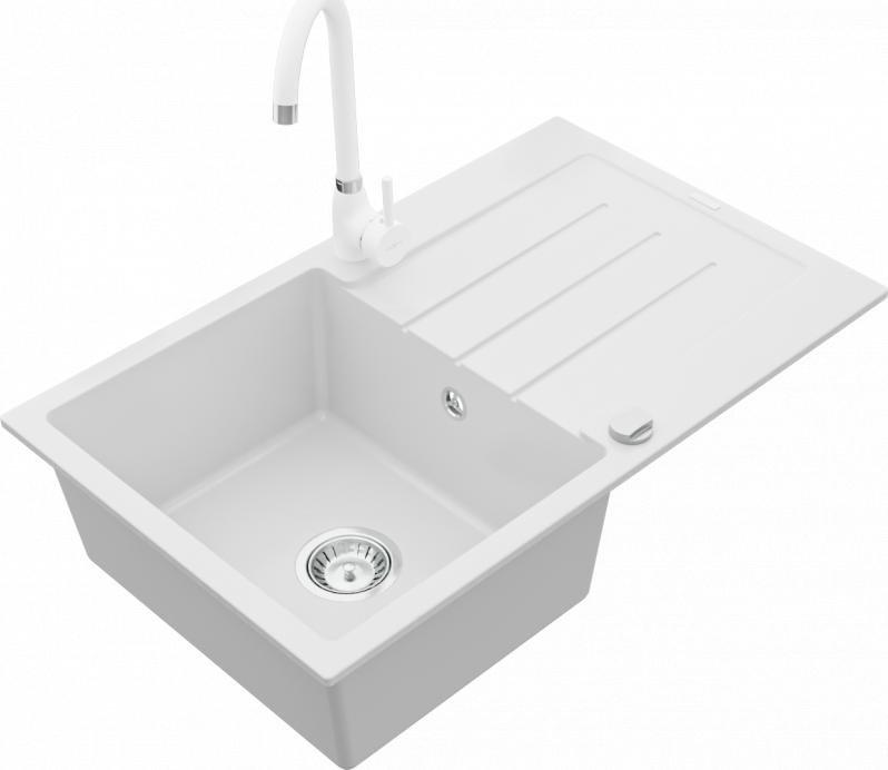 Mexen Mexen Bruno zlewozmywak granitowy 1-komorowy z ociekaczem i baterią kuchenną Telma, biały - 6513-20-670200-20