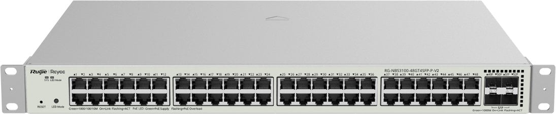 Ruijie Reyee RG-NBS3100-48GT4SFP-P-V2 | Switch Zarządzalny, 52 portów, 48xGE, 48xPoE, 370W, 4xSFP, L2, Rack, Cloud