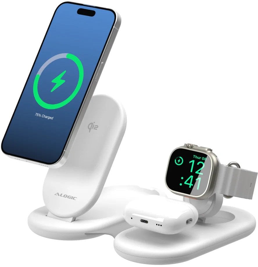 Alogic PackAway 3-in-1 Qi2 Wireless Charging Stand White