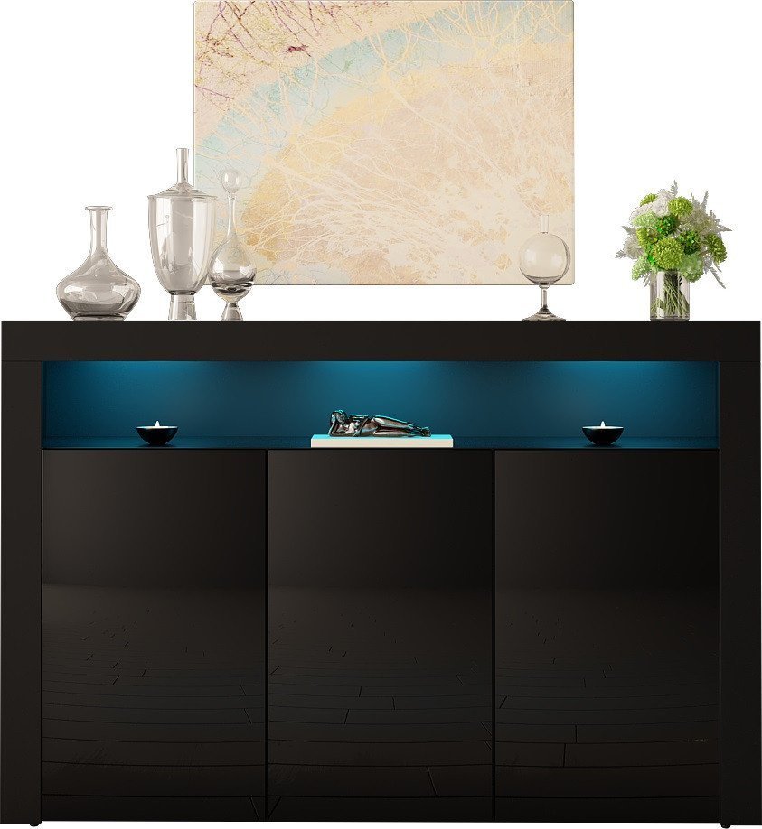 MEGSTYL KOMODA 130CM Z 3 DRZWICZKAMI - GRAND 4 Czarny mat - Czarny połysk