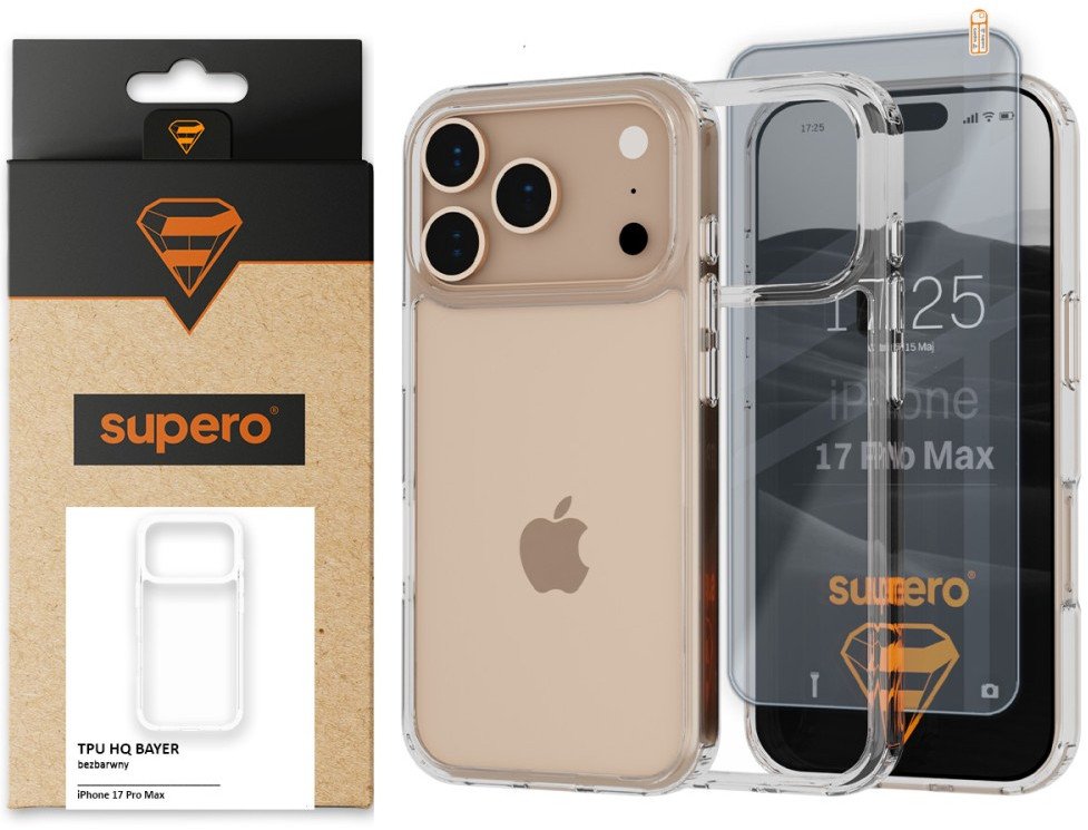 Etui Supero TPU HQ Bayer do iPhone 17 Pro Max, przezroczyste + szkło