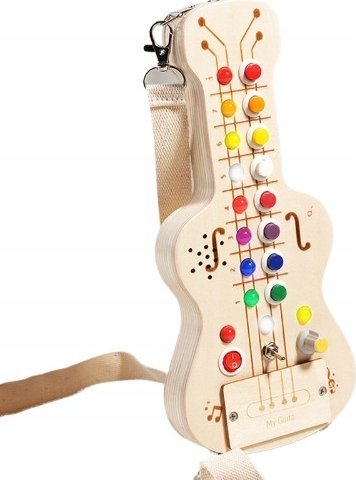 Drewniana Gitara Sensoryczna Led Montessori Z Włącznikami Światło Zabawa