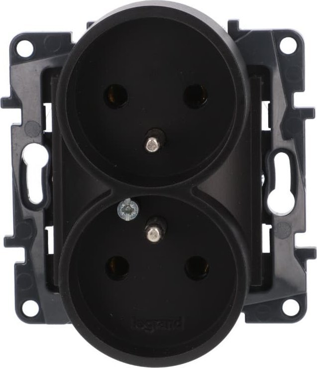 Legrand Niloe Step Gniazdo zasilające podwójne 2x2P+Z do ramek wielokrotnych, zaciski śrubowe, bez przesłony styków czarny 863532