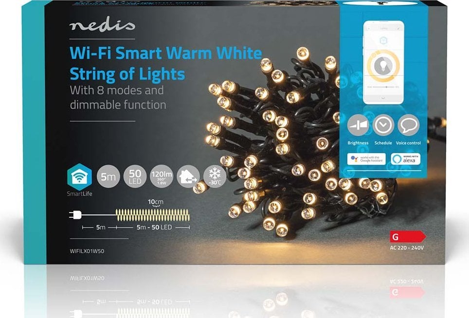 Dekoracja świąteczna Nedis Nedis WIFILX01W50 oświetlenie dekoracyjne Lekki łańcuch do dekoracji Biały 50 lamp(y) LED 1,81 W G