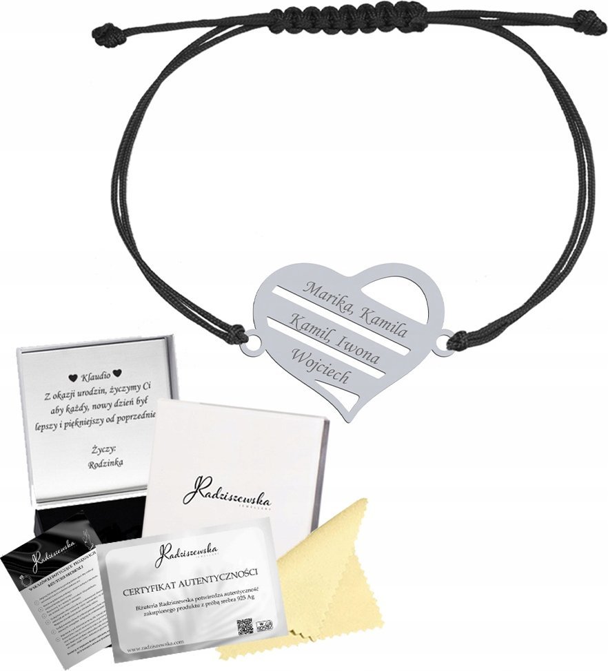 Radziszewska Jewellery Bransoletka Srebrna Serce dla Mamy Srebro 925 Grawer Sznurek Prezent