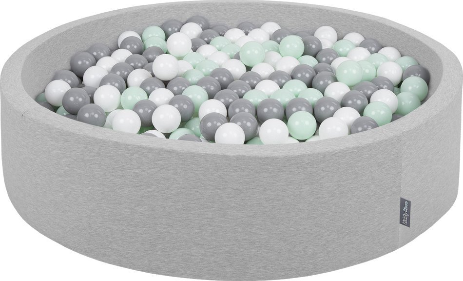 KiddyMoon Suchy basen okrągły z piłeczkami 7cm 120x30 jasnoszary: biały-szary-mięta 120x30/200piłek