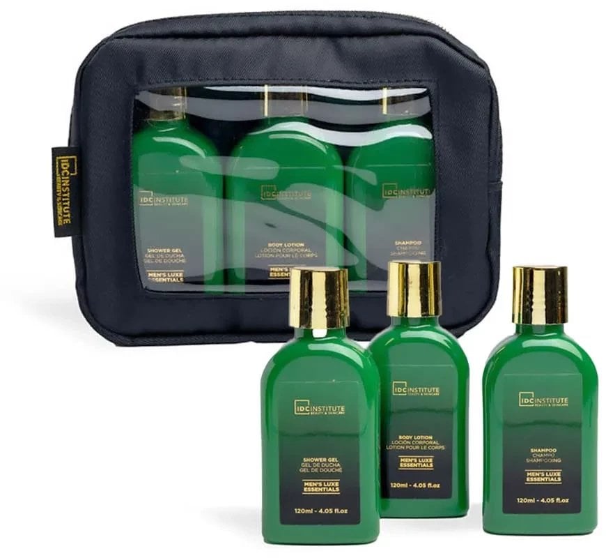 Rinkinys Idc Institute Men's Luxe Essentials vyrams: dušo želė, 120 ml + šampūnas, 120 ml + kūno losjonas, 120 ml + kosmetinė, 1 vnt.
