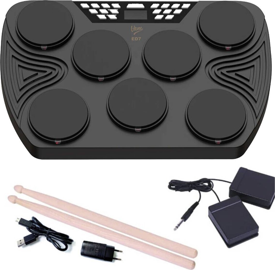 V-TONE ED7 perkusja elektroniczna przenośna USB-C Bluetooth 7 padów pedały pałeczki wbudowane głośniki zestaw perkusyjny
