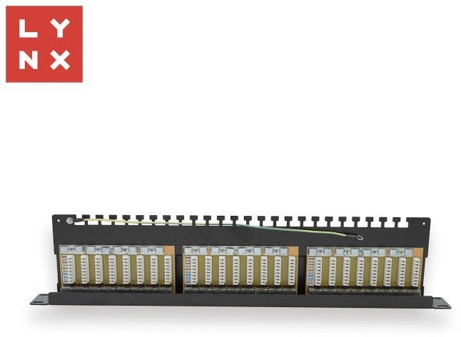 LYNX 19" patch panel 24-port, STP Cat6a, 50µ, stíněný, černý