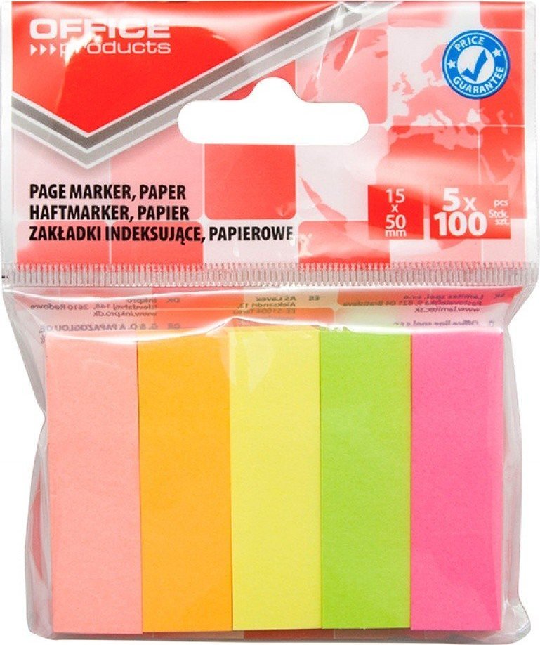 Office Products Zakładki indeksujące OFFICE PRODUCTS, papier, 15x50mm, 5x100 kart., zawieszka, mix kolorów