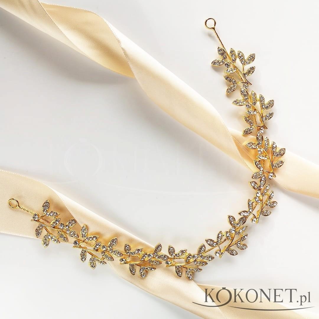 KOKONET OPASKA złota ślubna ozdoba cyrkonie LISTKI błysk