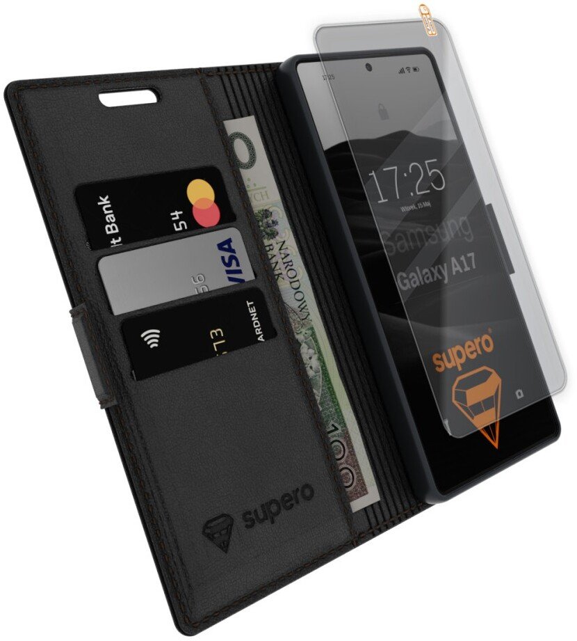 SUPERO Etui z klapką Business Wallet Case do Samsung Galaxy A17 4G/5G, czarny + szkło
