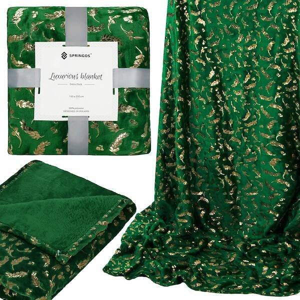 Springos Narzuta na łóżko, pled 150x200 cm koc na kanapę zielony, złoty UNIWERSALNY