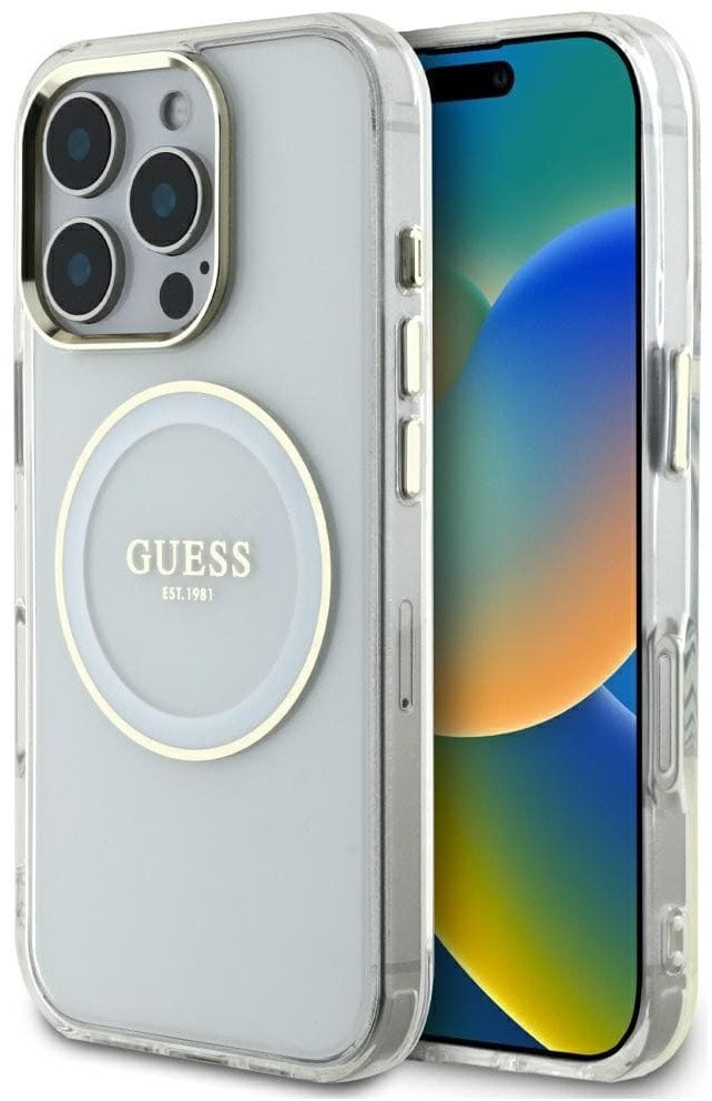 Etui Guess IML Metal Colored Circle Classic Logo MagSafe do iPhone 16 Pro Max biały