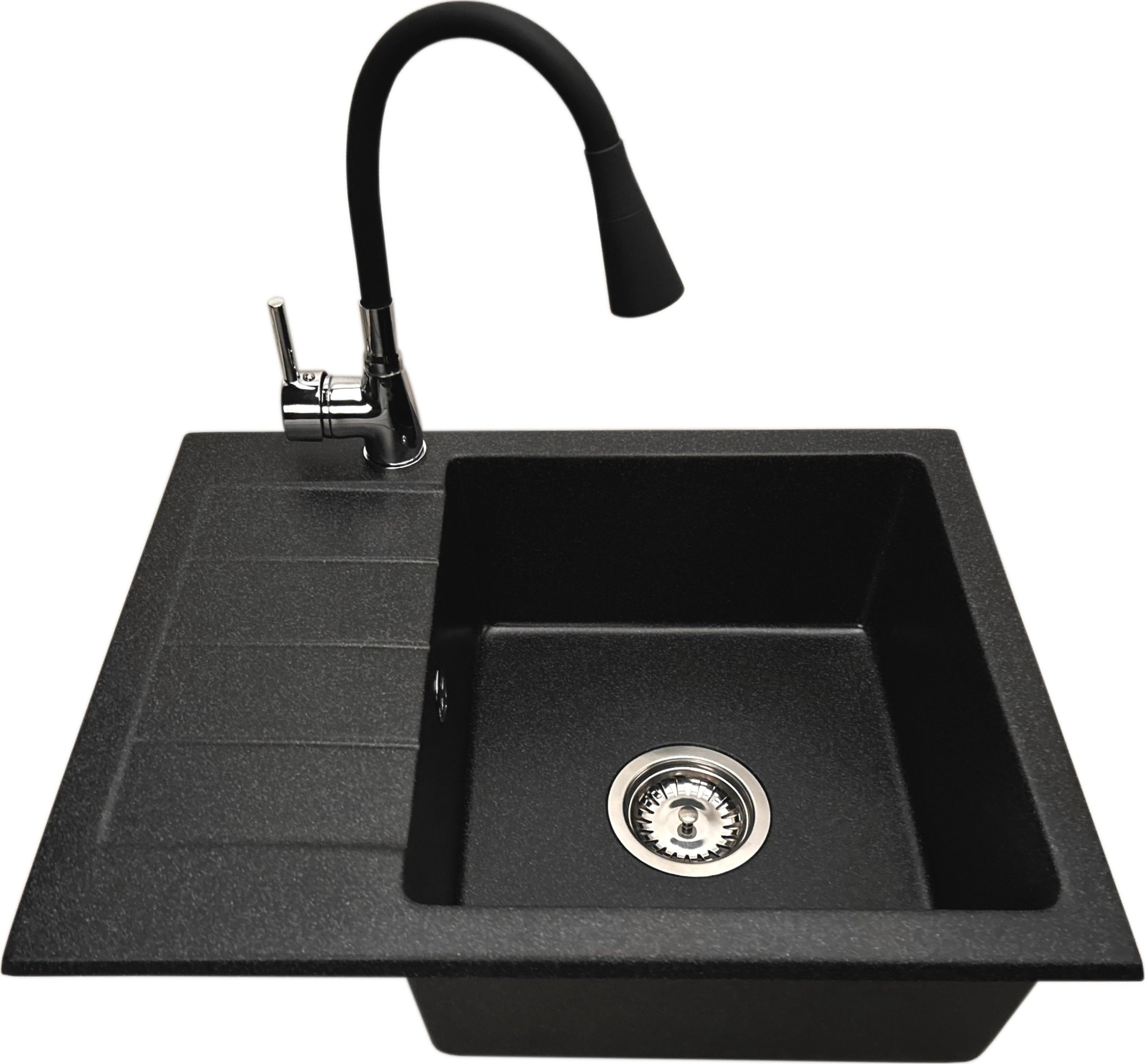 Zlewozmywak PREHNIT Zlewozmywak jednokomorowy z ociekaczem ADAL grafit z lewym ociekaczem + bateria flex LAGUNA