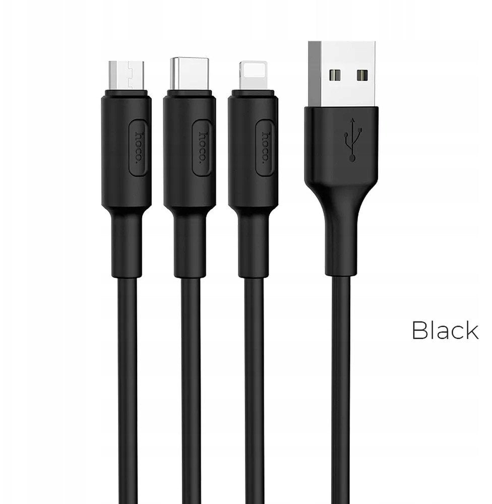Kabel USB Hoco USB-A - USB-C + microUSB + Lightning 1 m Czarny