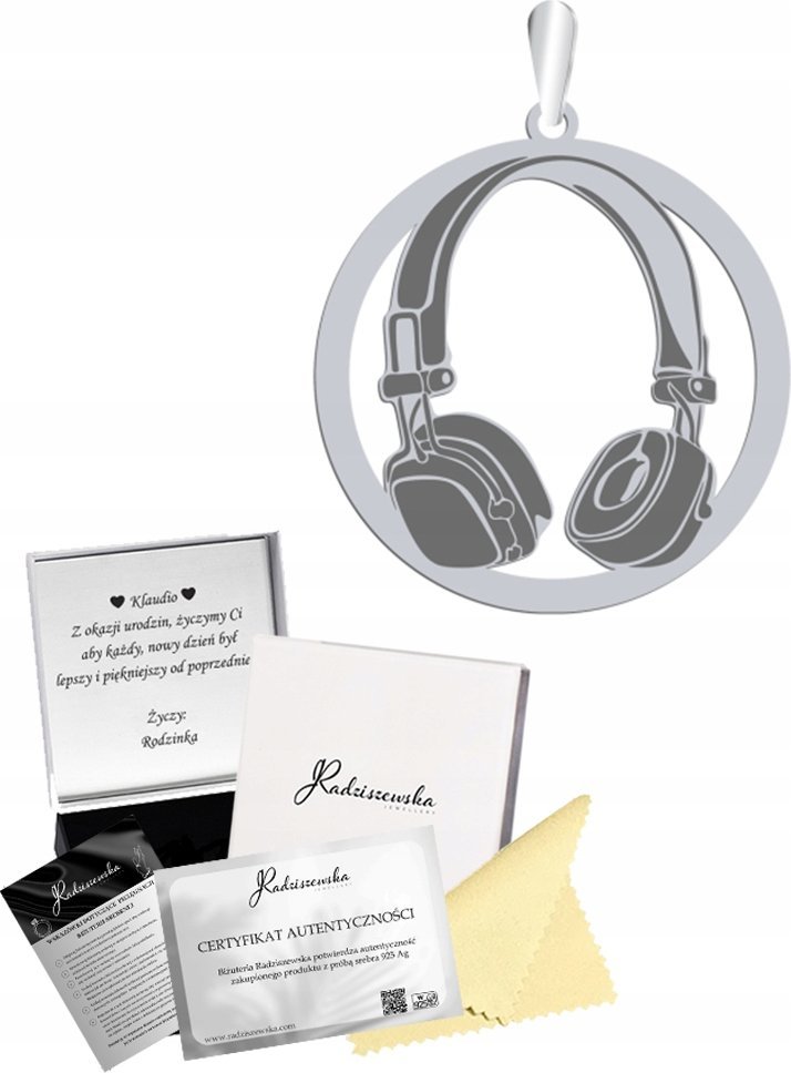 Radziszewska Jewellery Zawieszka Srebrna Słuchawki DJ Wisiorek 925 Prezent Biżuteria GRAWER GRATIS