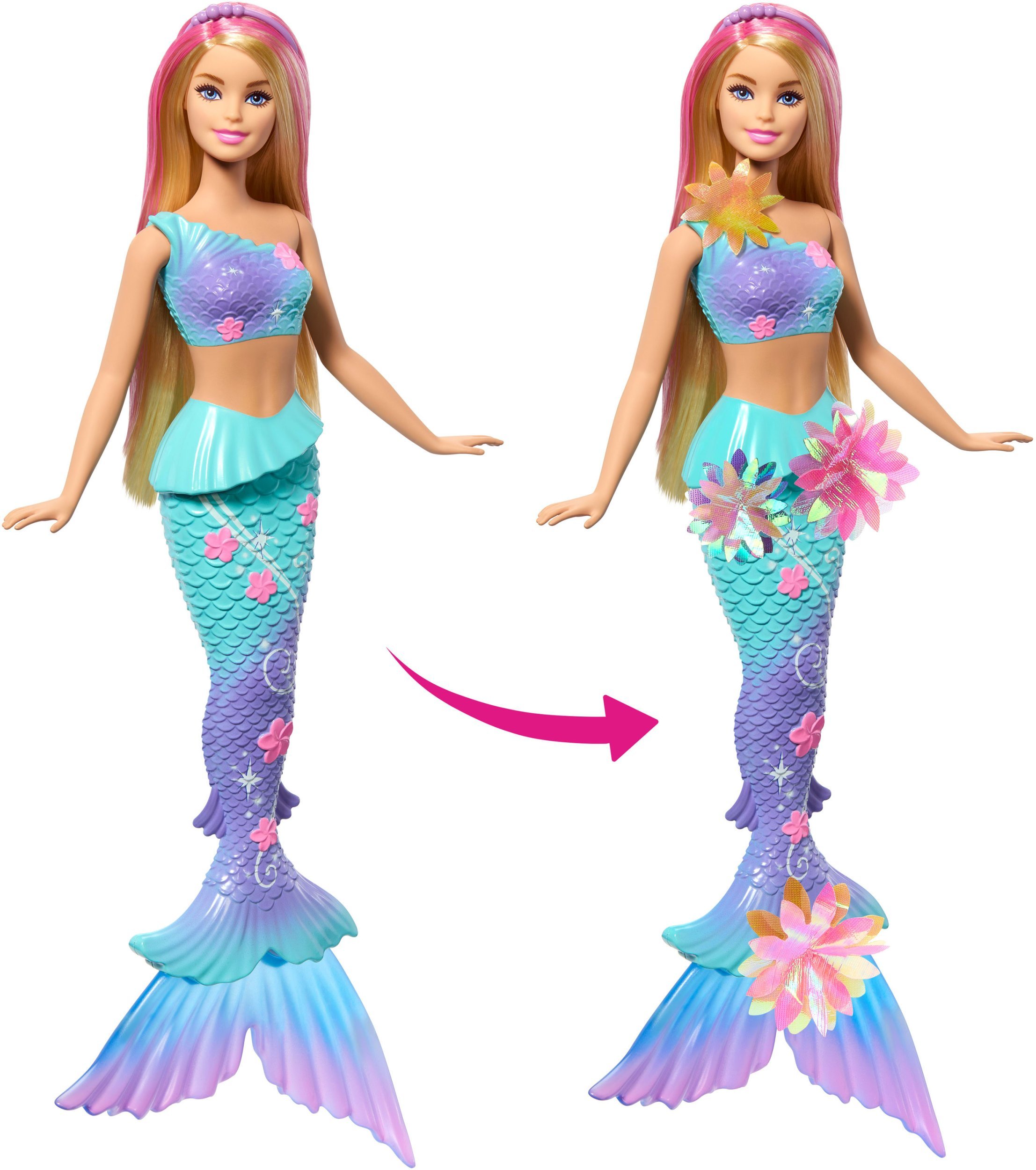 Lalka Barbie Mattel Syrenka Rozkwitające kwiaty Lalka z długimi blond włosami z różowymi pasemkami, funkcją rozkwitających kwiatów JDM72