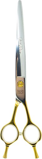 KLASYCZNE NOŻYCZKI GROOMERSKIE GIĘTE, 19 cm, japońska stal nierdzewna 440c, kolor SREBRNY ZE ZŁOTYM UCHWYTEM, brązowe etui Linia by Janita Plunge