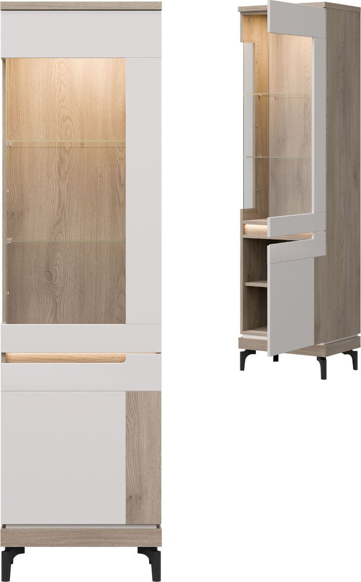 BogFran Witryna PRAWA wysoka Gablota szklana wąska do salonu Dąb Cremona ASTON AN06