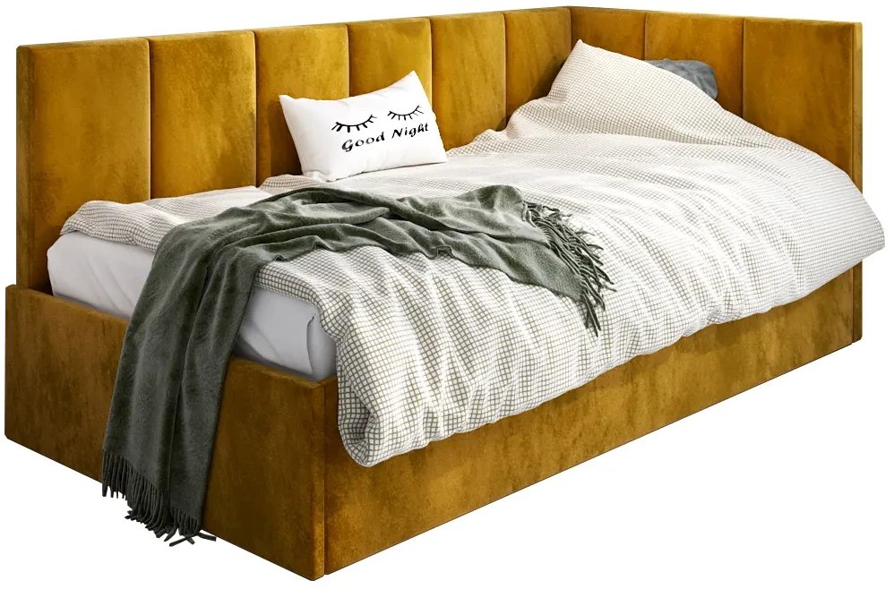 Łóżko młodzieżowe AURA 120x200 curry z tapicerowanym panelem L i pojemnikiem na pościel MKPOL