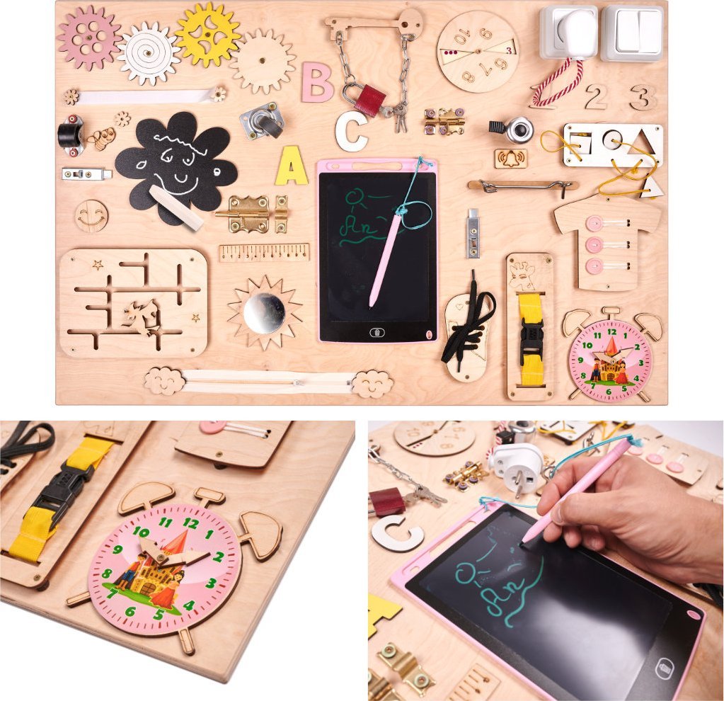 KIK Tablica manipulacyjna drewniana różowy zegar 75x50cm