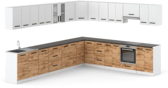 Meble Kuchenne Białe Z Drewnem Narożne Kuchnia Rossa 6.8m Szafki Dąb Wotan