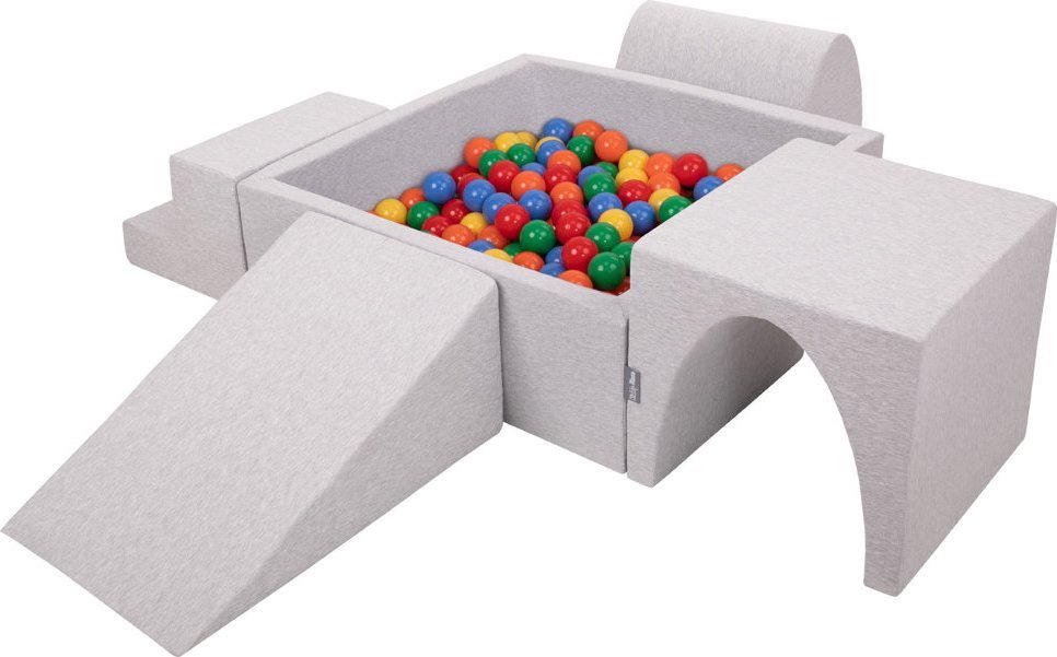 KiddyMoon Piankowy plac zabaw PPZP-KW30D-125 z piłeczkami jasnoszary: żółty-zielony-niebieski-czerwony-pomarańcz basen 200/klin L/górka/tunel/schodek