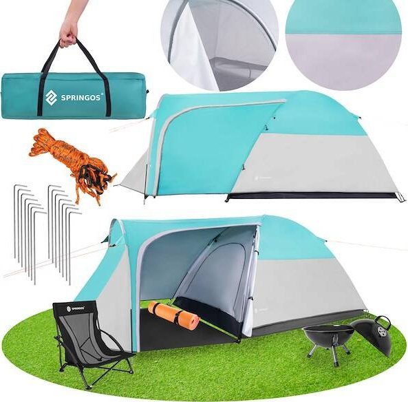 Namiot turystyczny Springos Namiot turystyczny 3-osobowy z przedsionkiem, wodoodporny, morski-szary UNIWERSALNY