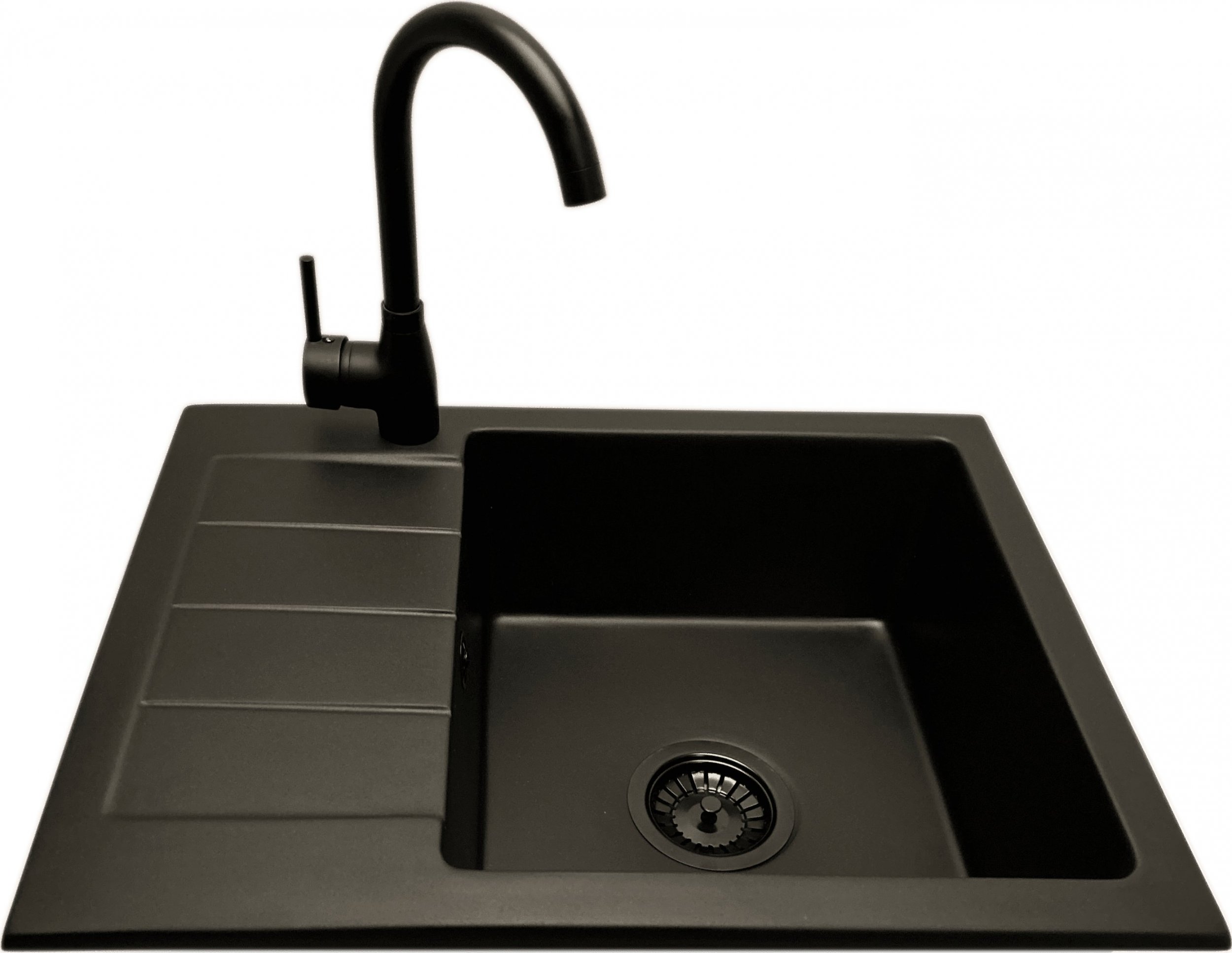 Zlewozmywak PREHNIT Zlewozmywak jednokomorowy z ociekaczem ADAL czarny z lewym ociekaczem + bateria LUNA