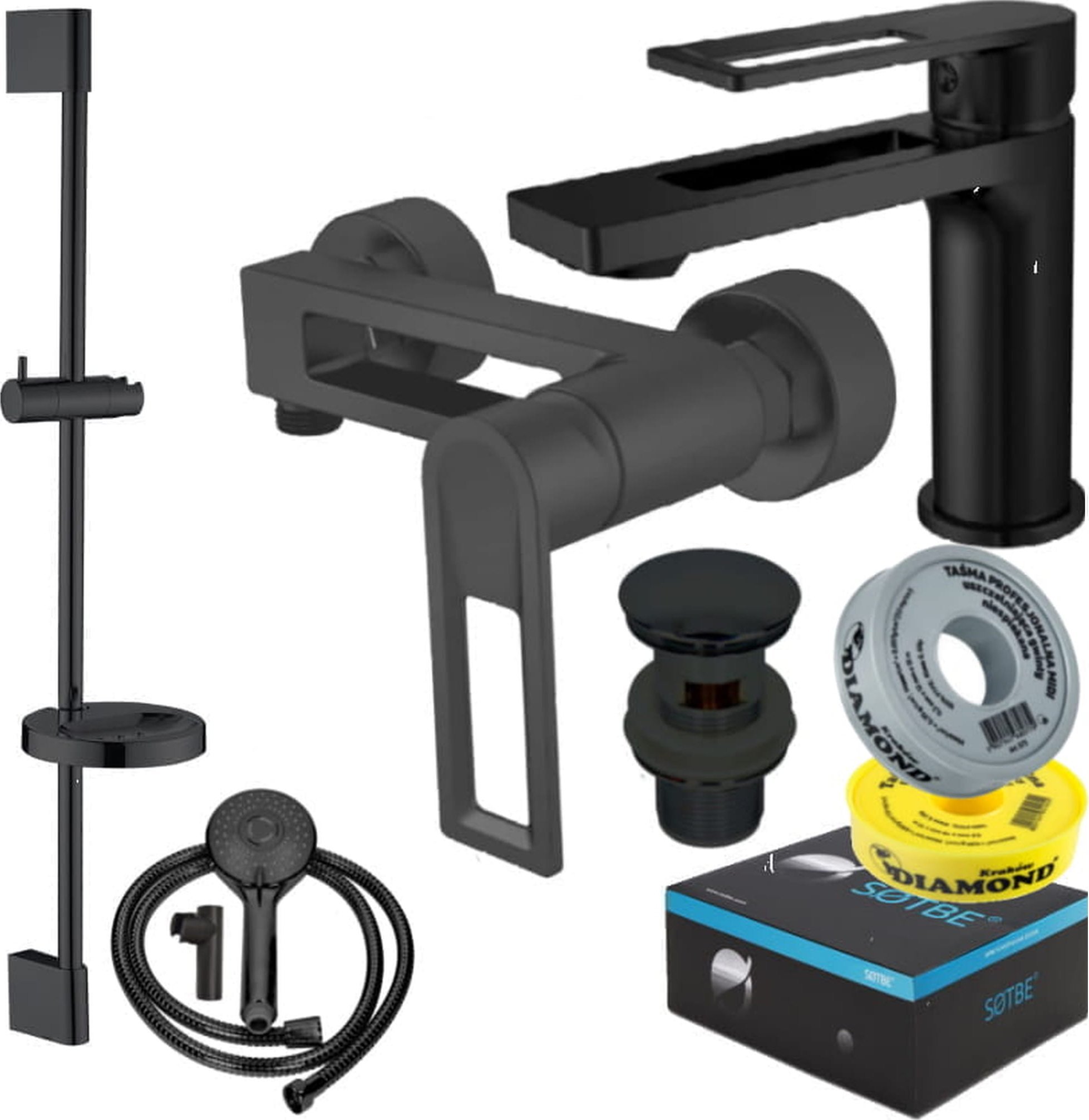 Sotbe SOTBE LOFT SVART Zestaw bateria prysznicowa + bateria umywalkowa stojąca + drążek prysznicowy 80 cm