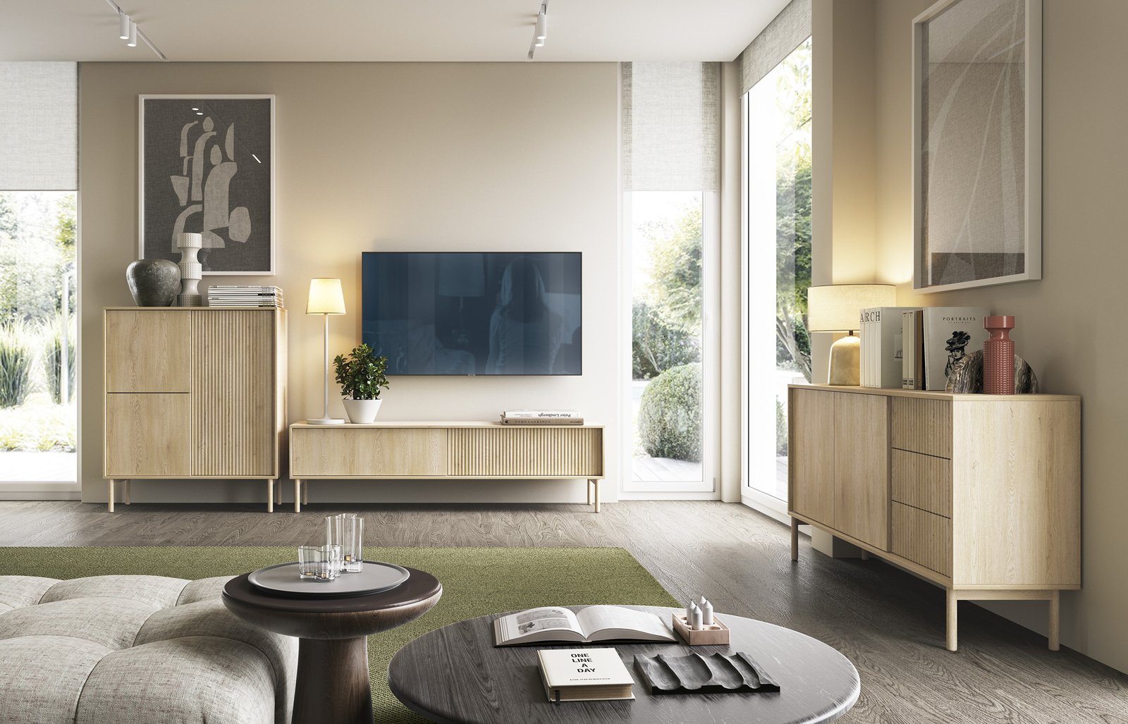 Ravio Stolik rtv TAVO dąb kremowy 153 cm frezowany 2 drzwi push to open