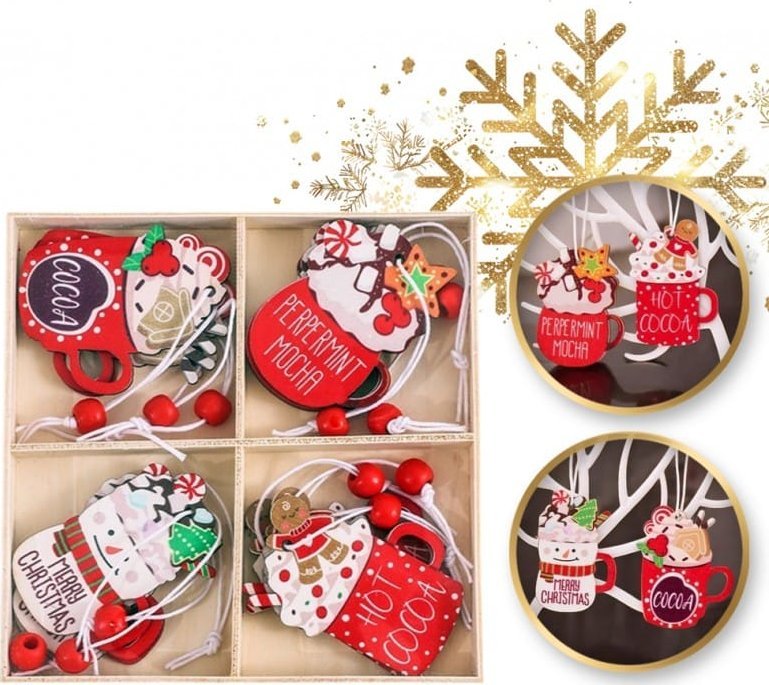 eCarla Komplet zawieszek choinkowych PIERNICZKI drewniane 12 sztuk w opakowaniu BSN48