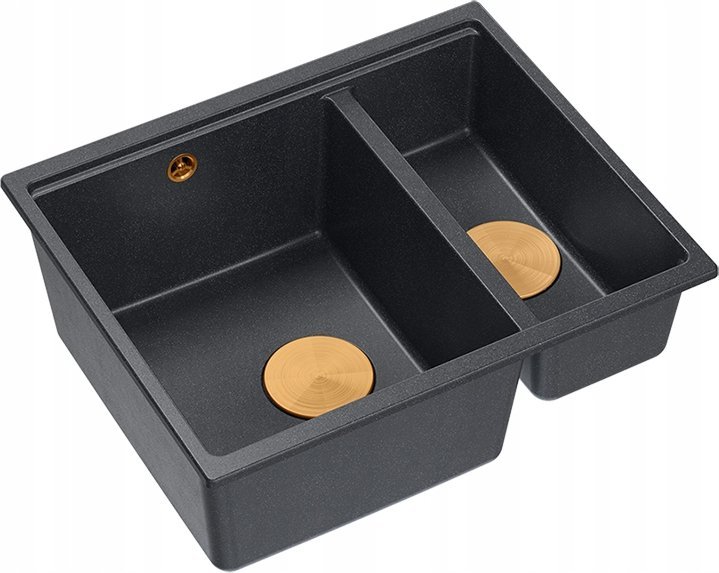 Zlewozmywak GraniteQ QUADRON | LOGAN 150 | granitowy zlewozmywak kuchenny CZARNY + MIEDŹ PVD | wymiary: 56 x 46 x 22 cm | 1,5-komorowy podwieszany | p