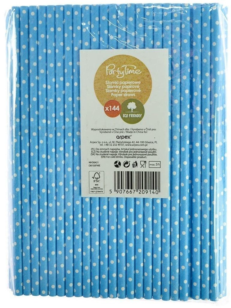 Słomki papierowe niebieskie w białe kropki 144szt