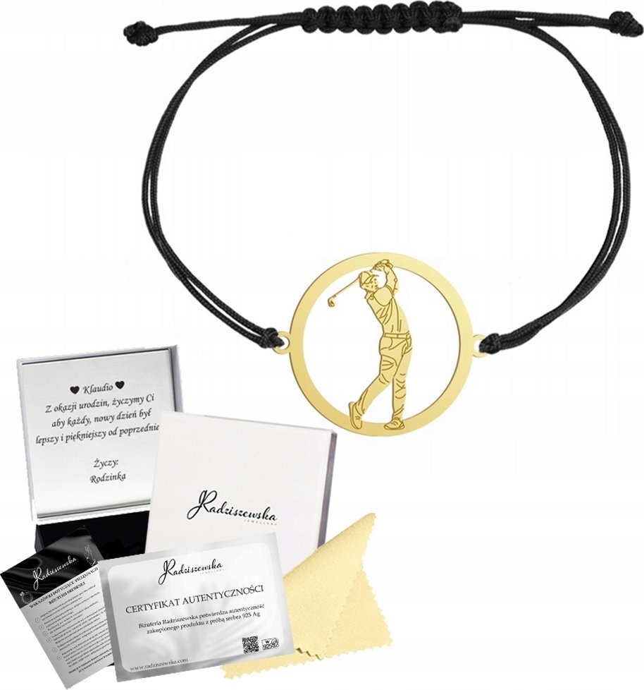 Radziszewska Jewellery Bransoletka Złota z Golfistą Sznurek 925 Prezent Biżuteria GRAWER DEDYKACJA
