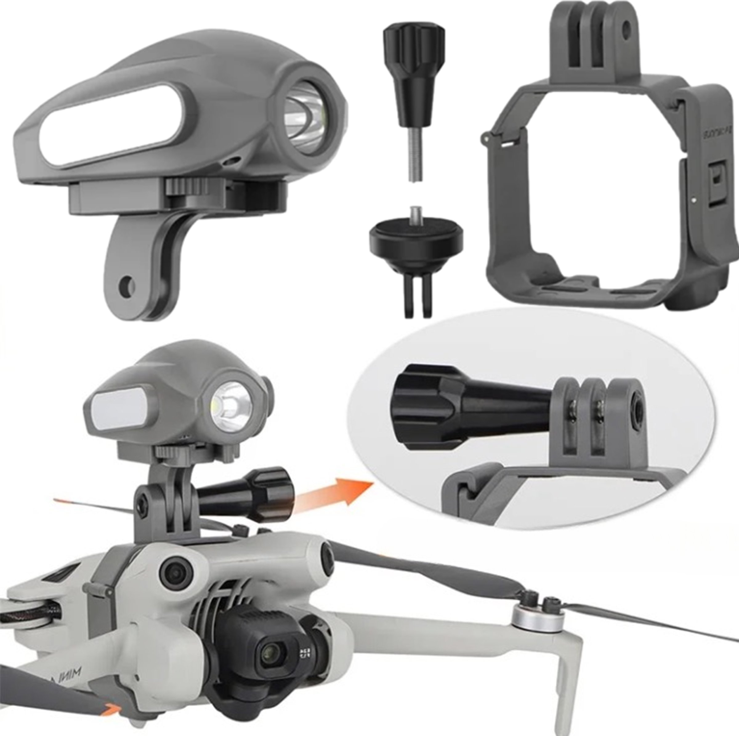 SunnyLife UCHWYT 1/4 CALA NA KAMERĘ DO DJI MINI 4 PRO NA KAMERĘ GOPRO OSMO ACTION INSTA360 GO + LATARKA LED