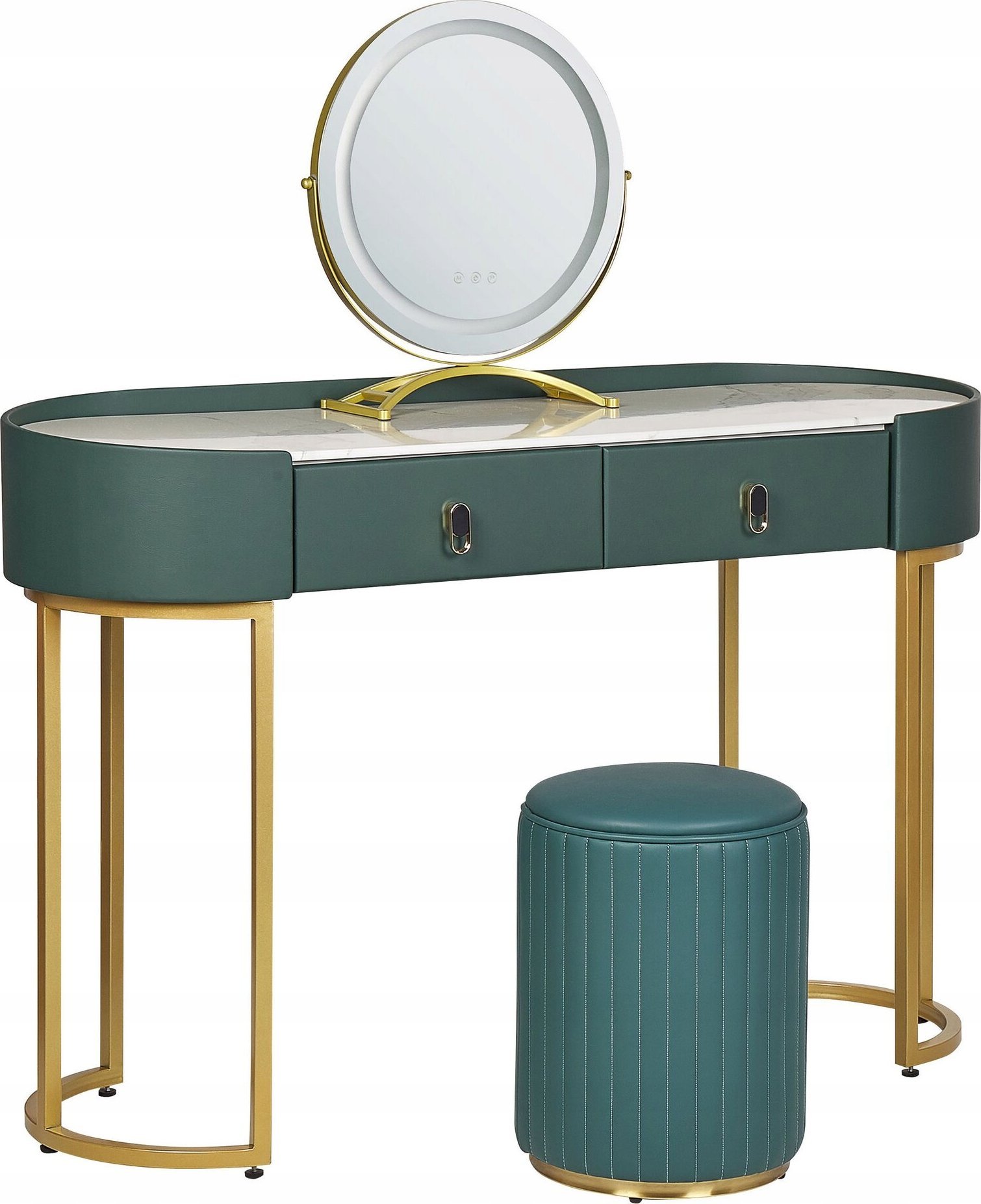 Beliani Toaletka 2 szuflady lustro LED z pufem zielono-złota VINAX