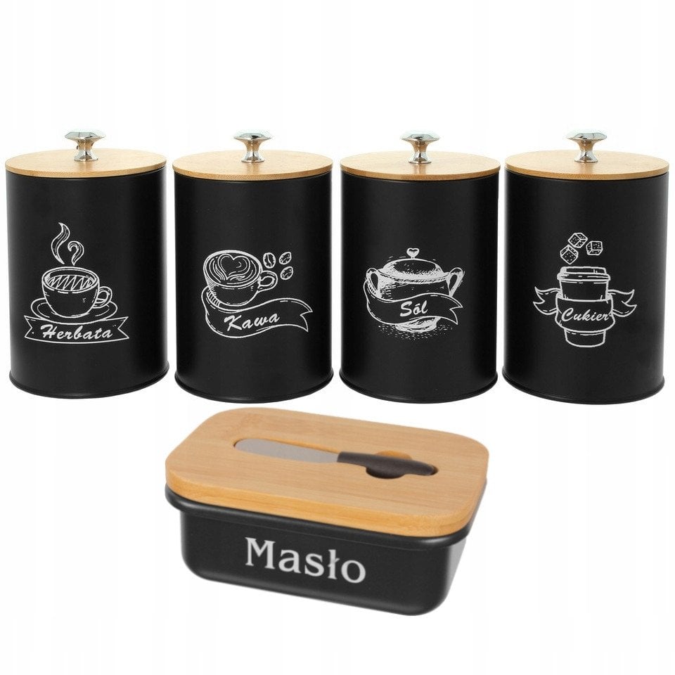 KOMPLET 5 POJEMNIKÓW KAWA HERBATA CUKIER SÓL + MASELNICZKA 15X11CM BRUNBESTE BB-2690 (NAPISY PL)