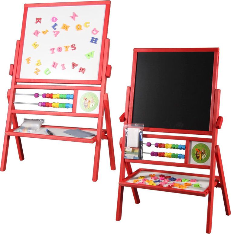 3toysm Dvipusė medinė magnetinė piešimo lenta, apverčiama, su laikroduku ir skaitliukais, raudona, TC