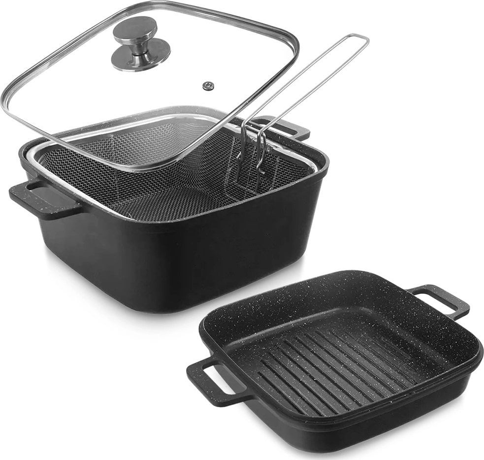 Garnek granitowy ze szklaną pokrywką patelnią grillową koszyczkiem GRANDE 2+4 l 4 el.