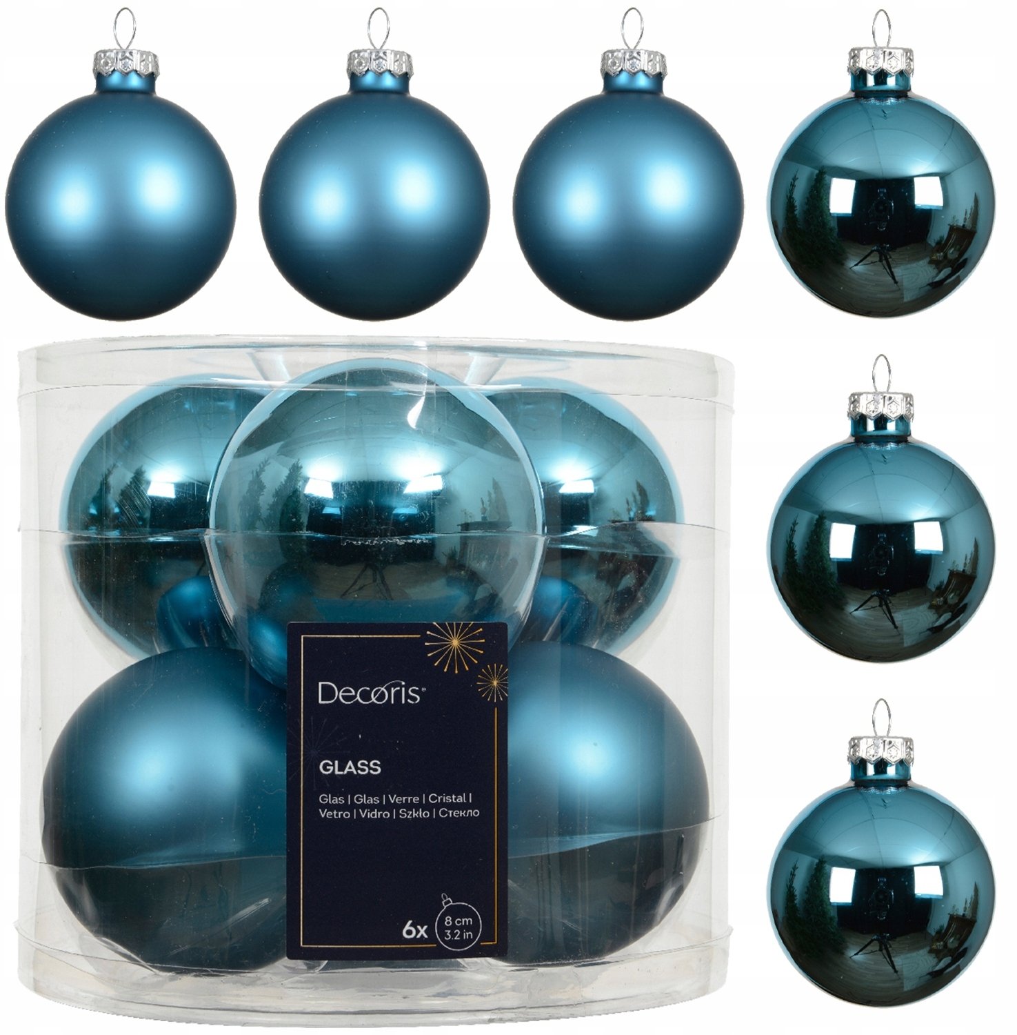 Kaemingk Zestaw 6 niebieskich matowych i błyszczących szklanych bombek choinkowych 8cm