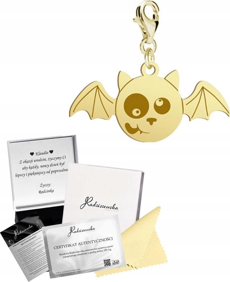 Radziszewska Jewellery Złoty Charms Nietoperz na Halloween 925 Prezent Zawieszka Biżuteria