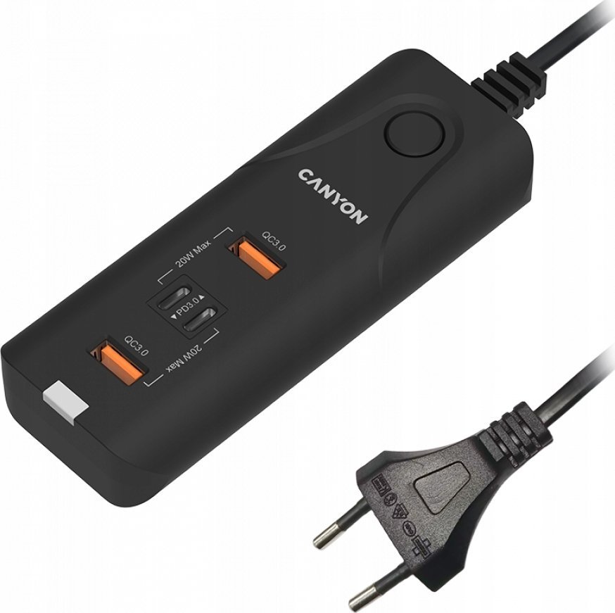 Ładowarka Canyon CANYON H-10, Wall charger. CNE-CHA10B Input: 100-240V~50/60Hz 1.0A Max Output1/Output2: DC USB-A QC3.0 5.0V/3.0A,9.0V/2.0A,12.0V/1.5A